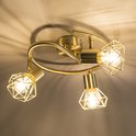 Gouden plafondlamp met drie spots, gemonteerd aan het plafond.
