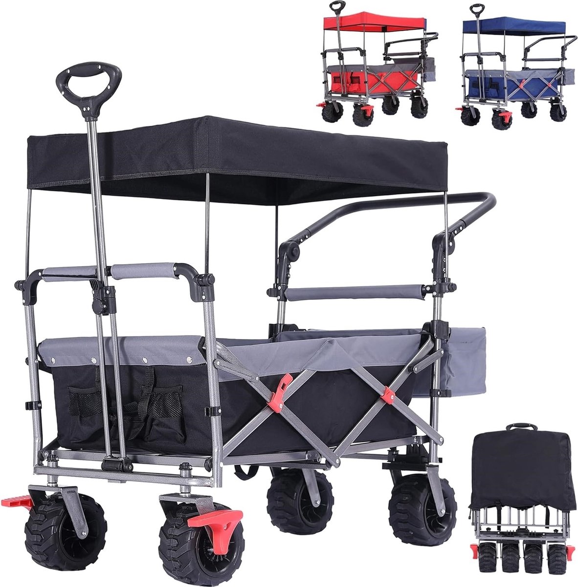 Bol.com Bolderkar Opvouwbaar met Dak - Handkar - Bolderkar Luchtbanden - Handwagen - XXL - 100 kg - 360° Draaibare Voorwielen - ... aanbieding