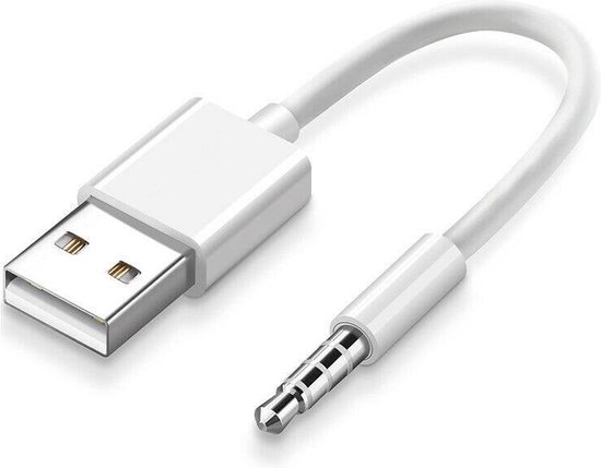 OneOne 0,10m USB kabel. Datakabel met pin. Witte oplader laadkabel. Oplaadkabel snoer past op Apple iPod Shuffle 1, Shuffle 2, Shuffle 3, Shuffle 4, Shuffle 5, Shuffle 6