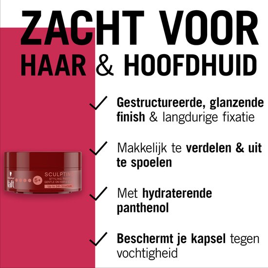 Taft haarpaste pot met zachte textuur voor haar en hoofdhuid, met tekst 'Zacht voor haar & hoofdhuid'.
