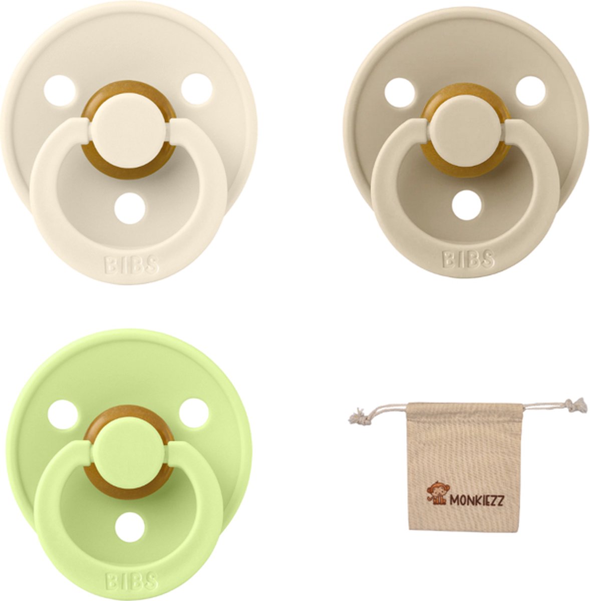 Goedkoopste Bibs fopspeen - maat 1 0-6 maanden - 3 stuks – Ivory – Vanilla – Macha Monkiezz speenzakje