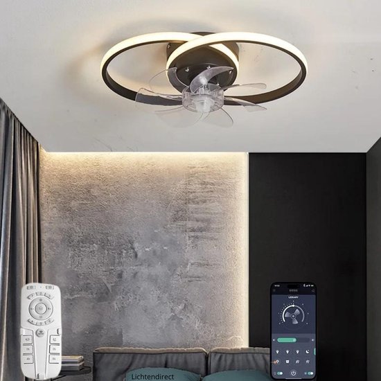 Lichtendirect - Plafondventilator met Verlichting - Zwart - Super Stil - Met Afstandsbediening - Voor Slaapkamer en Woonkamer - Plafondlamp