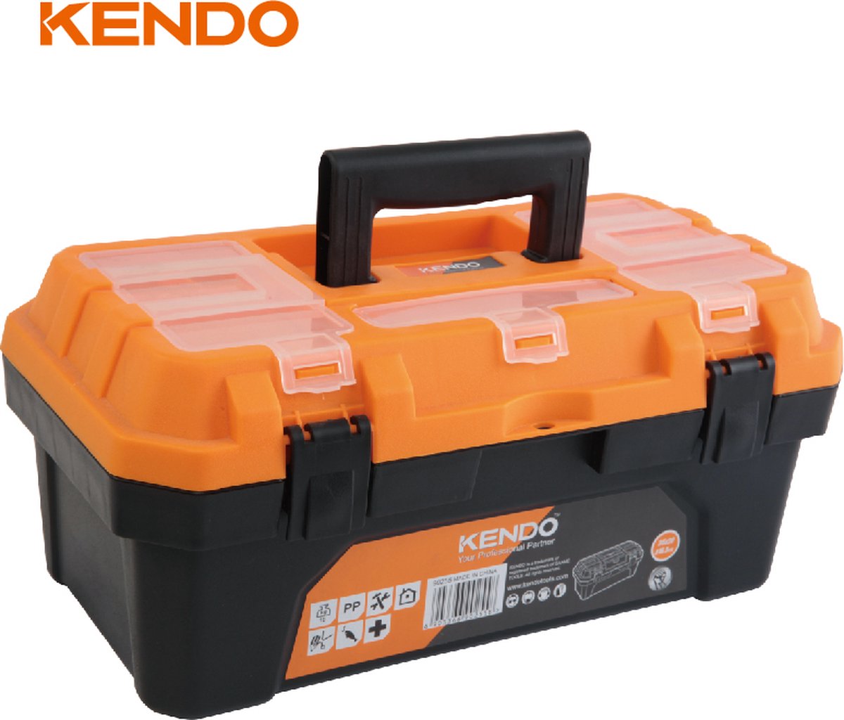 Kendo Gereedschapskoffer - polypropyleen - 1 vaste en 3 uitneembare organizers in het deksel - inklapbaar handvat - kunststof sluitingen, zwart/oranje, 43 x 23 x 20 cm