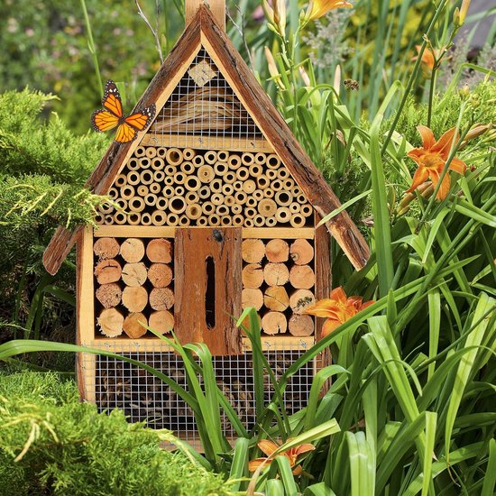 Houten insectenhotel met grondpen, 78 cm, beige, tuindecoratie, insectenhuis om neer te zetten, bijenhotel, hommelhuis, nesthulp voor bijen, hommels, gaasvliegen, vlinder Houten insectenhotel met grondpen, 78 cm, beige, tuindecoratie, insectenhuis om neer te zetten, bijenhotel, hommelhuis, nesthulp voor bijen, hommels, gaasvliegen, vlinder