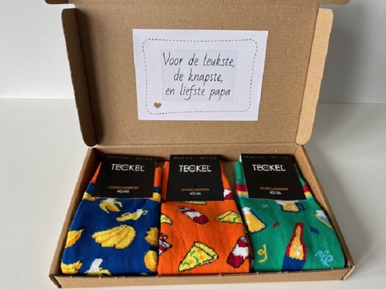 VADERDAG Fun sokken - set van 3 paar heren sokken - pizza / bier / banaan - in doosje - maat 40 tot 46 - cadeau set