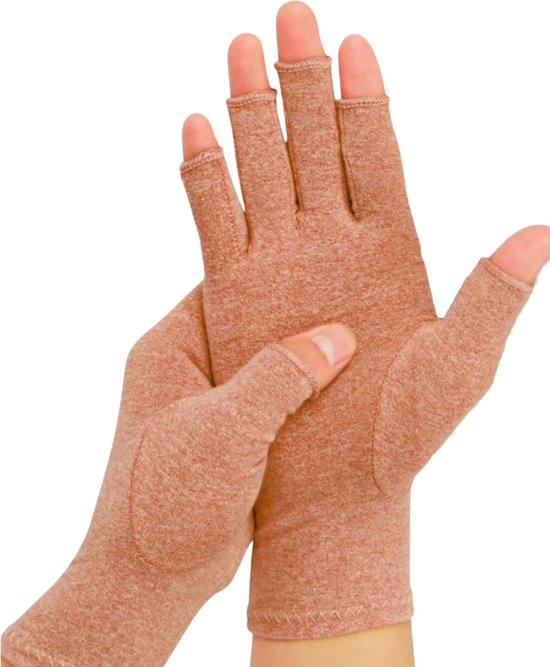 KANGKA® Reuma Artritis Handschoenen met Open Vingertoppen Maat S - Bruin - Thuiswerk Handschoen - Unisex