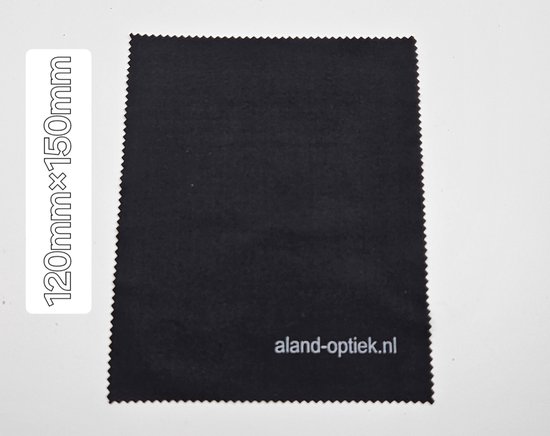 Zwart microvezeldoekje met afmeting 120mm x 150mm en het logo aland-optiek.nl.