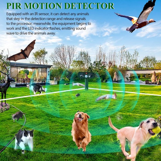 Répulsif à Ultrasons Solaire Pour Chats, Chiens, Rongeurs - Étanche IP55, Détecteur De Mouvement