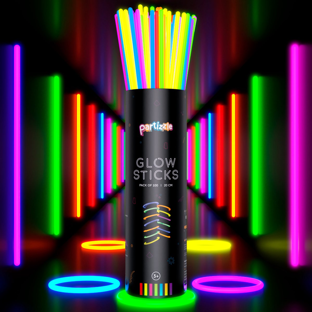 Partizzle 100 stuks Glow in the Dark Sticks met Connectors - Glowsticks - Neon / Carnaval Party Artikelen Breekstaafjes - Verjaardag Feest Versiering / Decoratie - 7 Kleuren