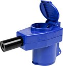 Blauwe haakse connector met open klap en ronde zwarte aansluiting.