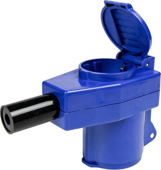 Blauwe haakse connector met open klap en ronde zwarte aansluiting.