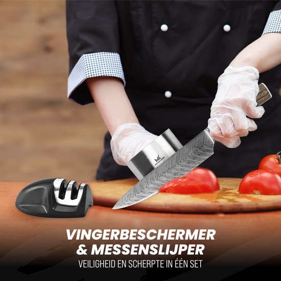 Master Knives Koksmes 20 cm + Groentemes – Met Slijper en Vingerbeschermer – Vlijmscherp Messenset - Keukenmessen