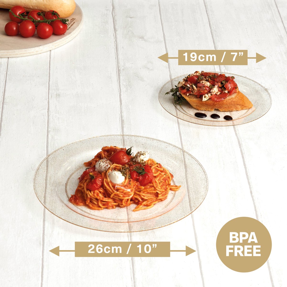 MATANA 20 Kleine Witte Plastic Borden met Gouden Rand (18cm), Dessert Feestbordjes voor Bruiloften, Verjaardagen, Dopen, Kerstmis & Feesten - Stevig en Herbruikbaar
