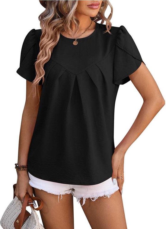 ASTRADAVI Damesmode - Top - Elegante Crêpe Blouse met Overlap Mouwen - Zwart / X-Large