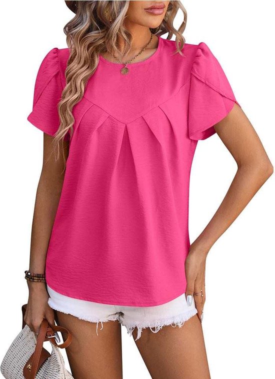 ASTRADAVI Damesmode - Top - Elegante Crêpe Blouse met Overlap Mouwen - Roze Fuchsia / Medium