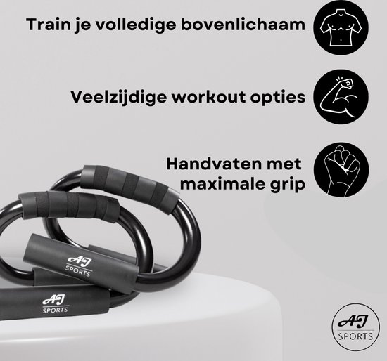 Zwarte opdruksteunen met schuimrubberen handvatten, met tekst over bovenlichaamtraining, workoutopties en maximale grip.