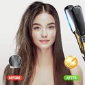 Femme avec des cheveux secs et crépus avant et après l'utilisation du fer à lisser Sansbeauté. Après utilisation, ses cheveux sont lisses et brillants.