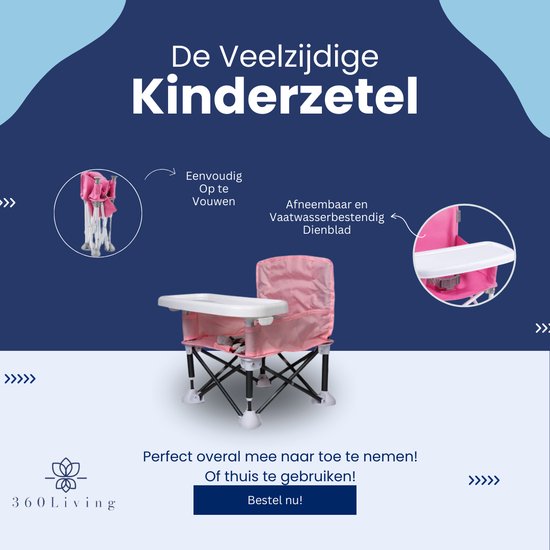 360 Living - Kinderstoel Inklapbaar - Roze - Eetstoel Baby - Kinderzetel - Camping Kinderstoel Inklapbaar met Eetblad - Kinder Eetstoel van 360 Living — afbeelding 3