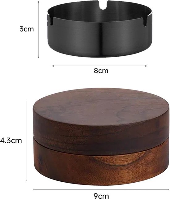 Afmetingen van walnoothouten asbak met deksel: 9cm breed, 4.3cm hoog. RVS binnenbak 8cm breed, 3cm hoog.
