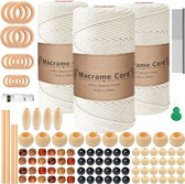 300 Meter 3mm Macramé Touw Compleet Pakket met Houten Ringen en Kralen - Hobby DIY Natuurlijk Katoen Koord\Garen voor Wandkleed en Plantenhanger Zelf Maken - Volwassen\ Kinderen Knutselen Set voor Macramé en Sieraden Handwerk- Incl. E-boeken