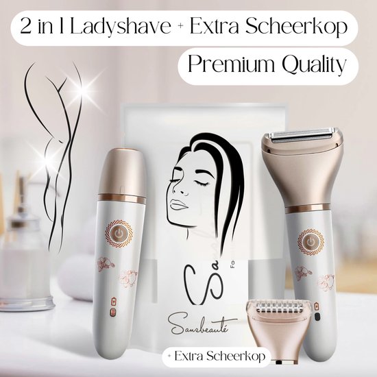 2-in-1 Ladyshave + Extra Scheerkop - Gezicht - Oksels - Benen - Bikinilijn - Scheerapparaat Vrouw - Ontharingsapparaat Electrisch Ontharen - Gezichtsontharing Dames - Trimmer Vrouw - Ladyshaves Bikini - USB Oplaadbaar