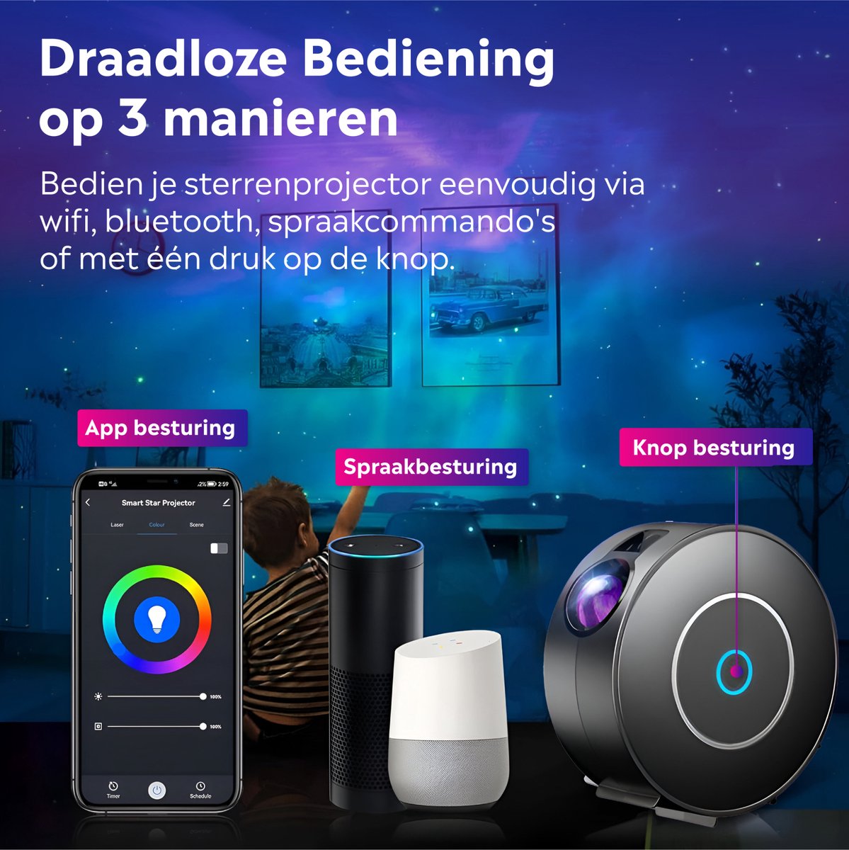 Beauve Sterren projector - Galaxy nachtlampje voor kinderen - Sfeerlamp met sterrenlamp effect - Galaxy projector met WiFi en app – foto 7