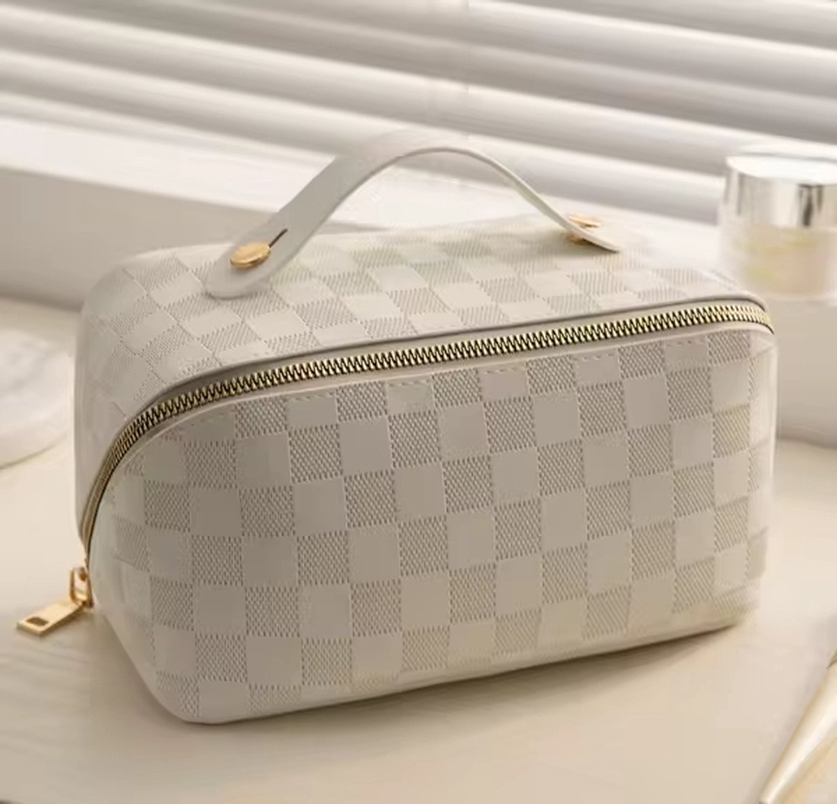 Toilettas, Make Up Tasje, Make Up Koffer, Beautycase, Make Up Organizer, Make Up Tas, Reis Toilettas, Reistas, Toilettas Dames, Make Up Organizer, Make Up Etui, Beautycase Koffer, Cosmetica Tas, Moederdag, Valentijnsdag, VIERKANT PATROON, CREME op Prijzenvolger.com