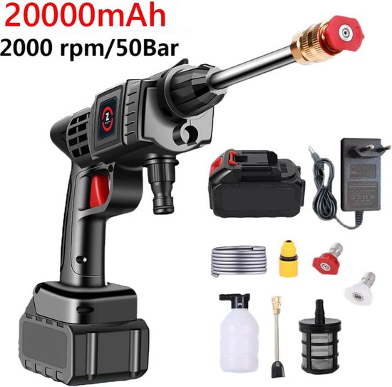 Draadloze hogedrukreiniger – met accu en oplader – 20000mAh -hoge druk reiniger – instelbaar – 50 BAR – inclusief waterslang