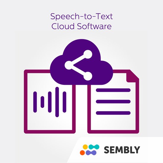 Illustratie van spraak-naar-tekst cloud software met luidspreker pictogrammen en documenten. Semby AI logo.