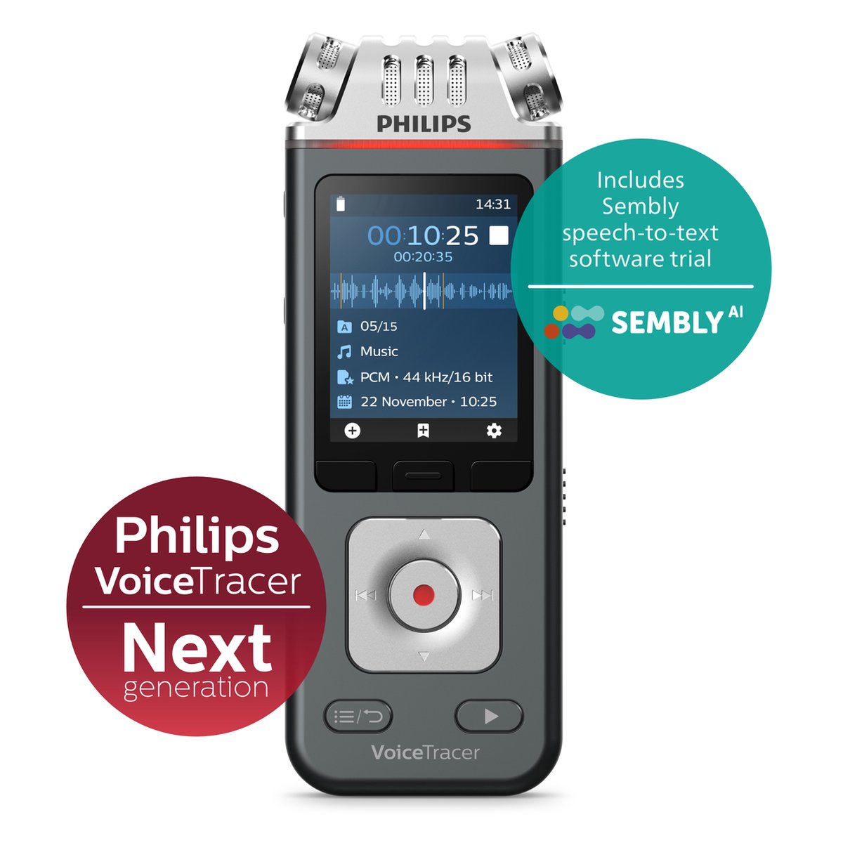 Afbeelding 2 van Philips DVT6115 Audio recorder - 3Mic Stereo 24-bits/96 kHz - Sembly AI spraakherkenning - Smartphone-app - USB-C - Antraciet