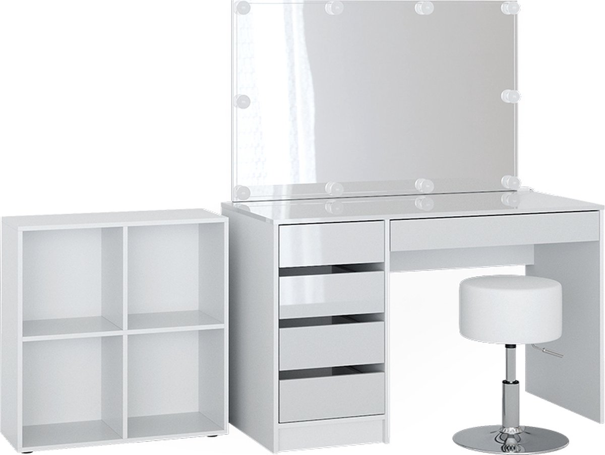 Vicco Kaptafel Sherry, Wit, 120 cm met spiegel, LED-lichtslinger, kruk en staand rek