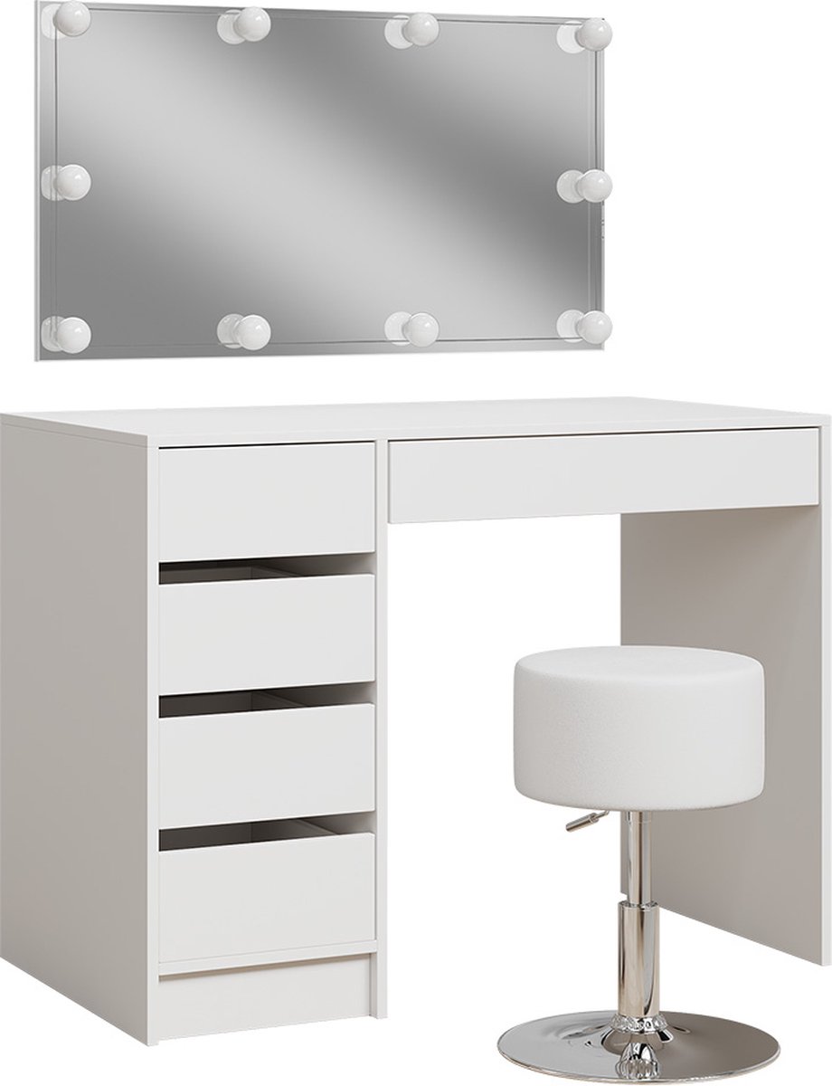 Vicco Kaptafel Thalia, Wit, 100 cm met spiegel, LED-lichtslinger en kruk