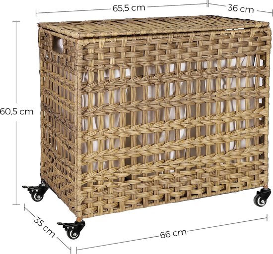 SONGMICS handgeweven wasmand met deksel, wasmand in rotanstijl met 3 aparte compartimenten, handgrepen, verwijderbare voeringzakken, voor woonkamer, badkamer, wasruimte, naturel LCB083N01