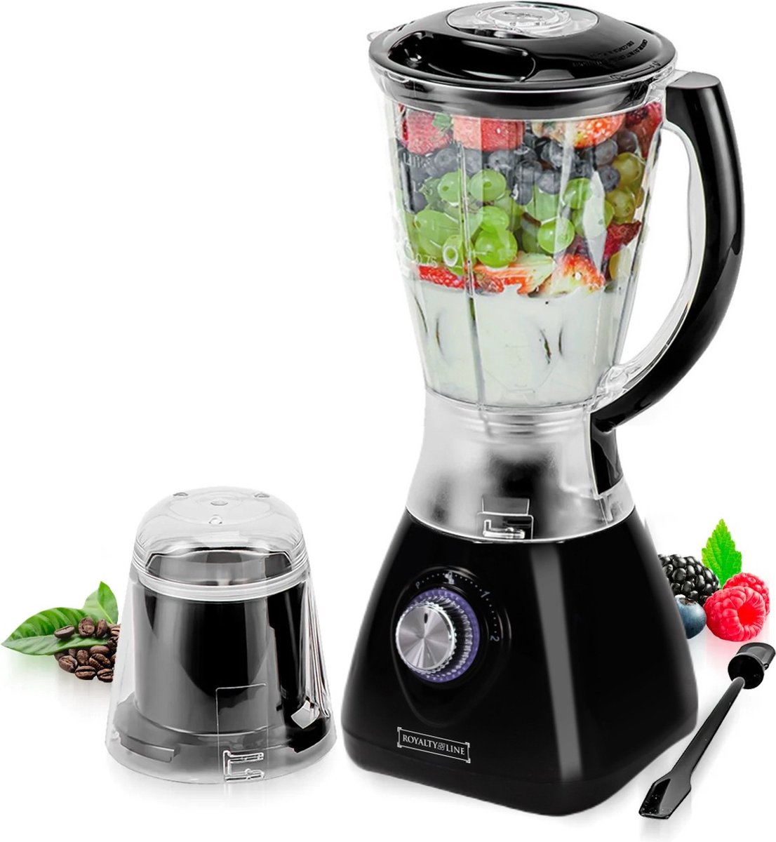 Royalty line SM400P2L Blender Met Koffiemolen Smoothie Maker 1.5L Plastic Kan met Spatel 500W Blenders met 3 Snelheden Smoothie Blender Met Extra Bonenmaler Zwart