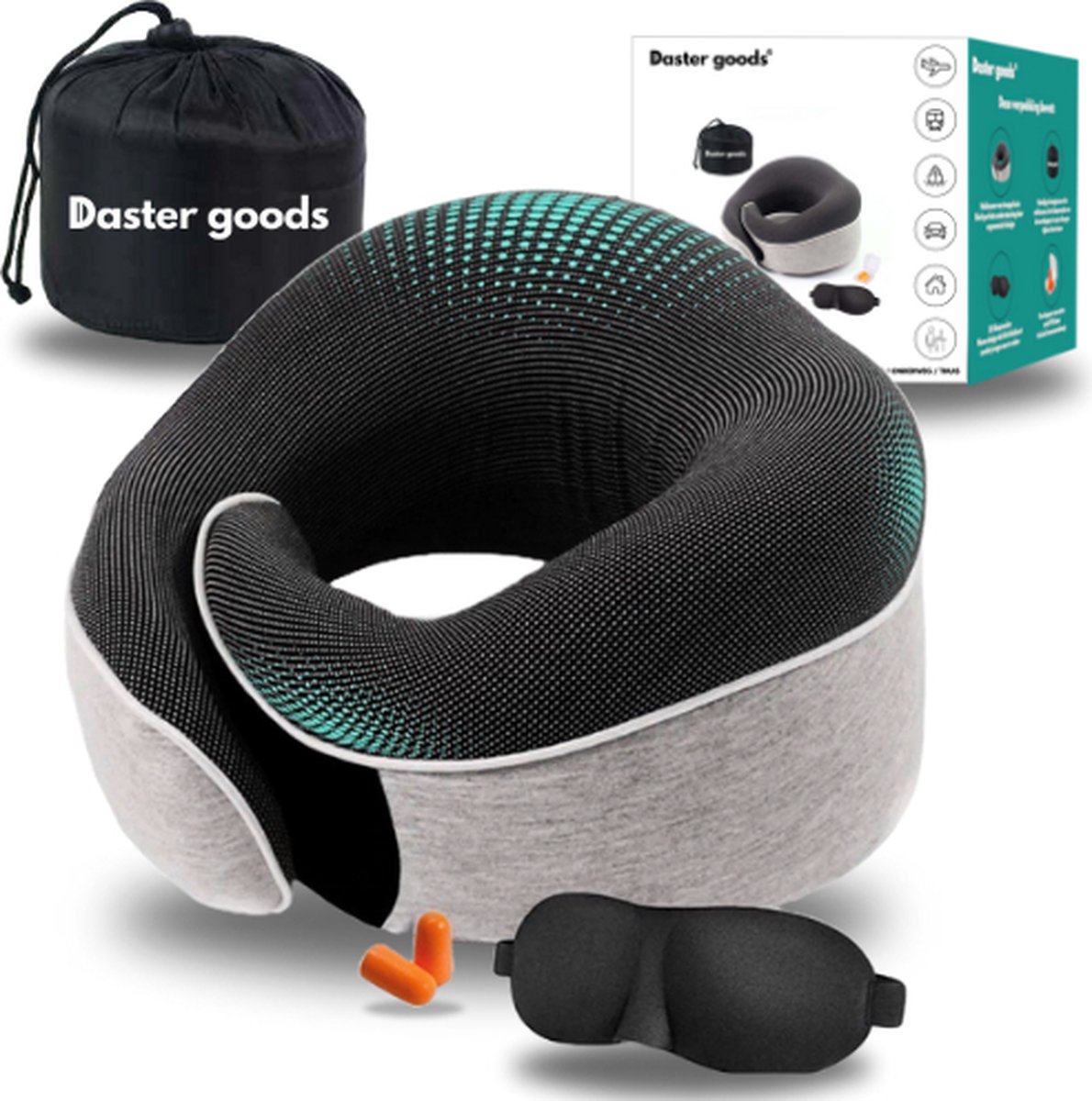 Bol.com Daster goods® - Nekkussen - Luxe Reiskussen Set - Vliegtuig - Auto - Inclusief Oordoppen en Slaapmasker aanbieding