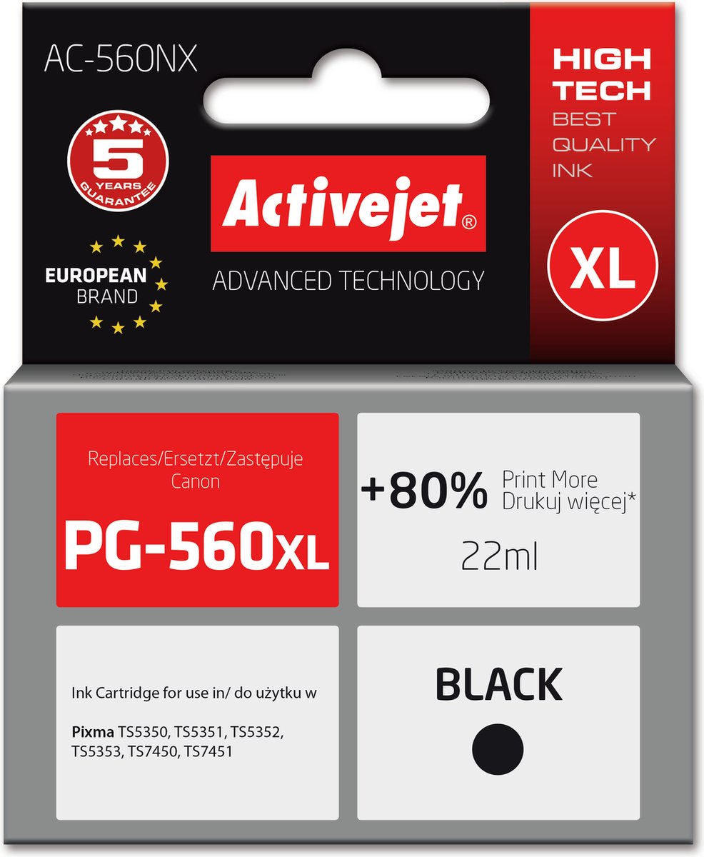 Image of Activejet AC-560NX printerinkt voor Brother, vervanging Canon PG-560XL; Supreme; 22 ml; zwart