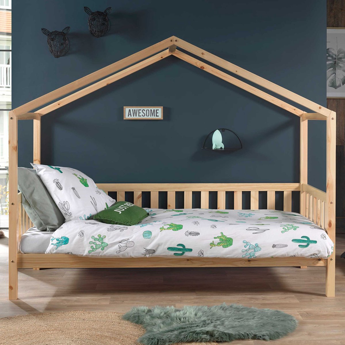 Vipack Kinderbed Dallas 90x200cm - Sofabed als Huis - Bed met Dak - Peuterbed - Ledikant - Kajuitbed - Hout Wit, beige, bruin