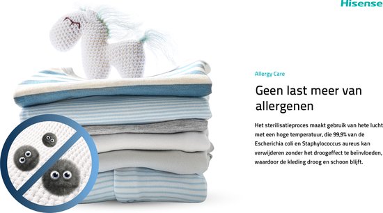 Gestapelde babykleding met gebreide eenhoorn en symbool tegen allergenen.