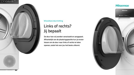 Twee witte Hisense wasdrogers, één met open deur die naar links opent, de andere naar rechts.