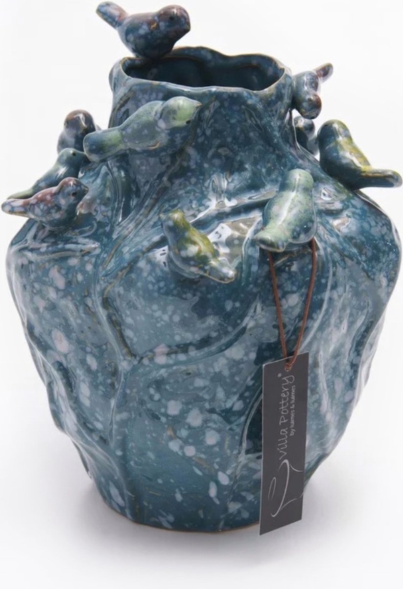 Irishflowers Vaas - Villa Pottery - Decoratie - Woondecoratie - Vogelvaas - Porselein - Waterdicht - Lieve 2_2 Blue 12 Birds Blauw