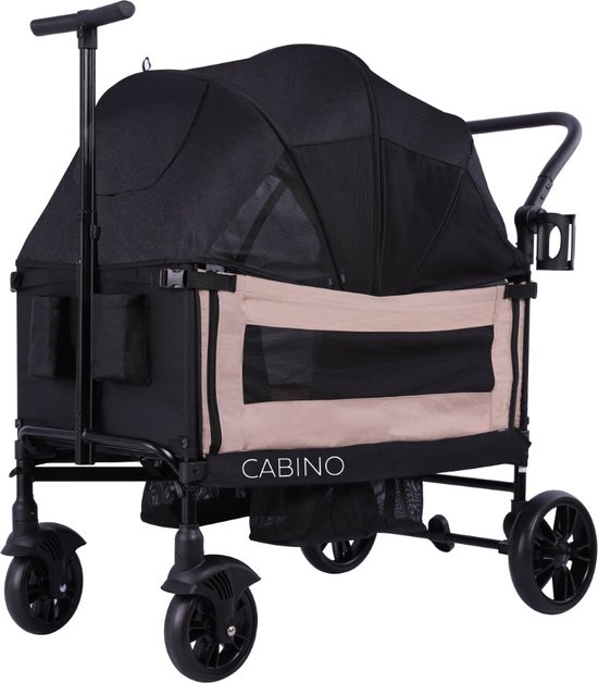 Cabino Waggie Bolderkar Opvouwbaar Met 2 Zitjes - Inclusief Duwstang, Trekbeugel & Drinkbeker - Max. 44 kg - Zwart / Taupe — afbeelding 3