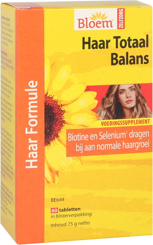 Gele en oranje doos van Bloem Haar Totaal Balans met zonnebloem en portret van een vrouw. '60 tabletten'.