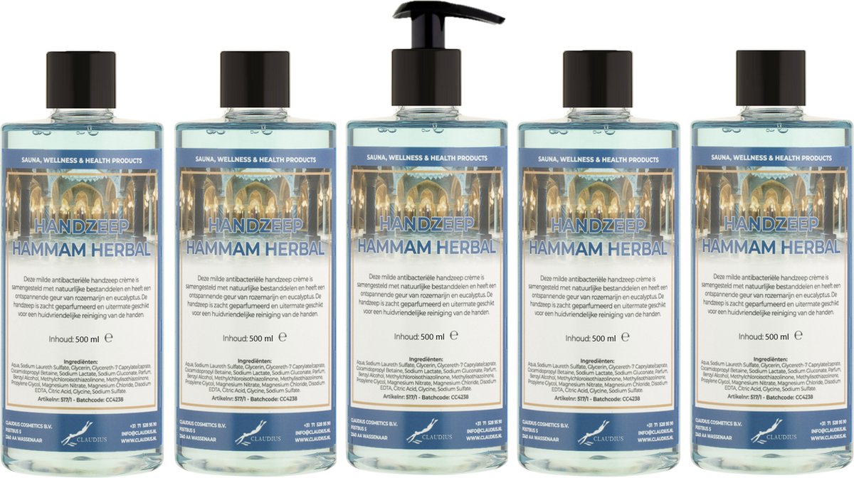 Goedkoopste Handzeep Hammam Herbal 500 ml - met gratis pompje - set van 5 stuks - Voordeelverpakking