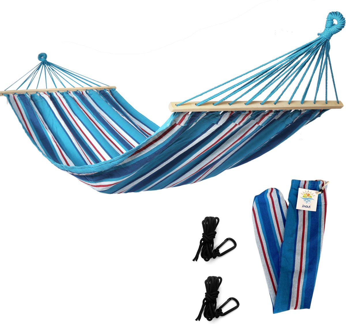 Rijoka Hangmat Large met Spreidstok - 200x140cm - Blauw Gestreept - 1 Persoons - Incl. 2 Haken, Touw én Opbergzak - Blauw