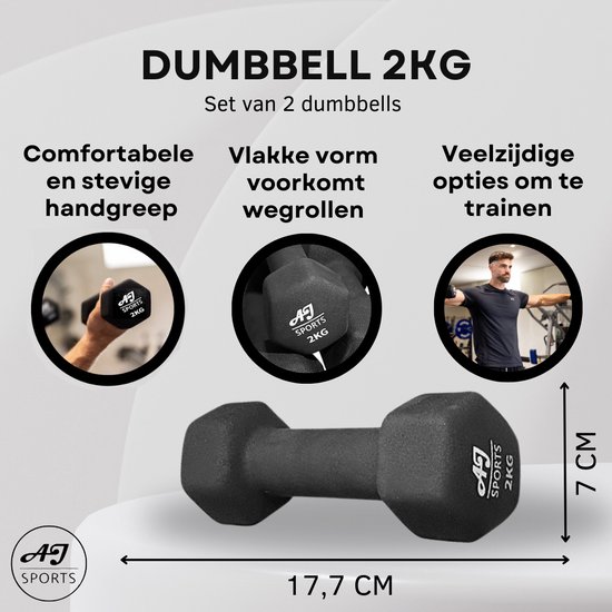 AJ-Sports Dumbells 2 kg - 2 x 2 kg dumbell - Gewichten - Dumbells set - Gewichten set - Halterset - Fitness gewichten - Krachttraining - Fitness