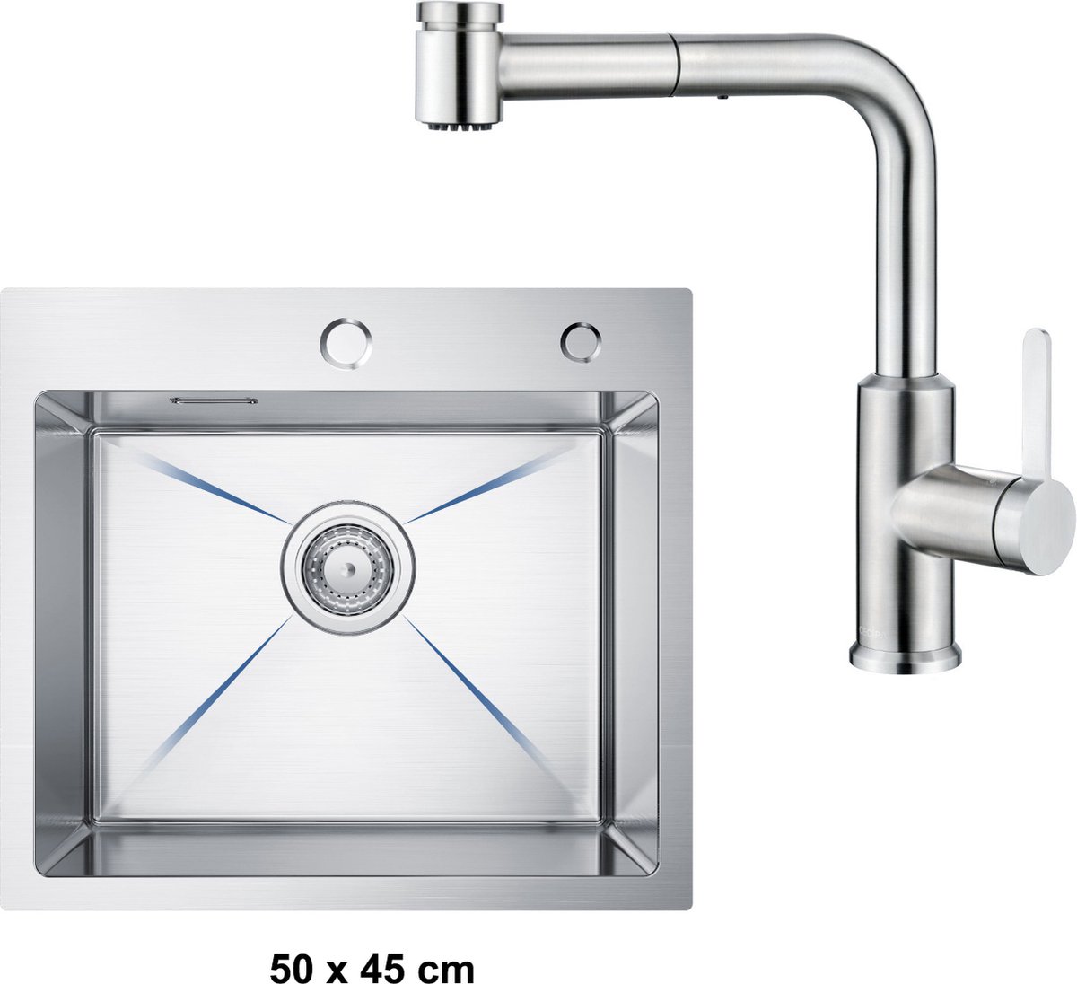 CECIPA max Spoelbak Met Keuken kraan - Spoelbakken Keuken 50 x 45 cm - Enkele spoelbak - roestvrij staal Spoelbak - Wasbak met waterafvoersysteem -Zilver RVS