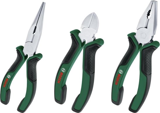 Bosch 3-delige premium tangenset (3x nauwkeurige, duurzame combinatietang, diagonale zijkniptang waterpomptang voor robuust multitasken; ergonomische softgrip; vernikkeld oppervlak) - Edition