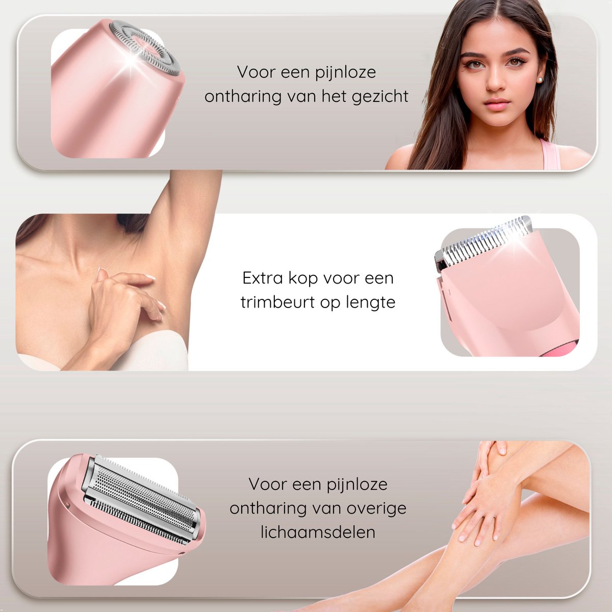 3-in-1 Ladyshave Gezicht - Oksels - Benen - Bikinilijn - Sansbeauté® - Scheerapparaat Vrouw - Ontharingsapparaat Electrisch Ontharen - Gezichtsontharing Dames - Trimmer Vrouw Intiem- Ladyshaves Bikini - USB Oplaadbaar — afbeelding 4