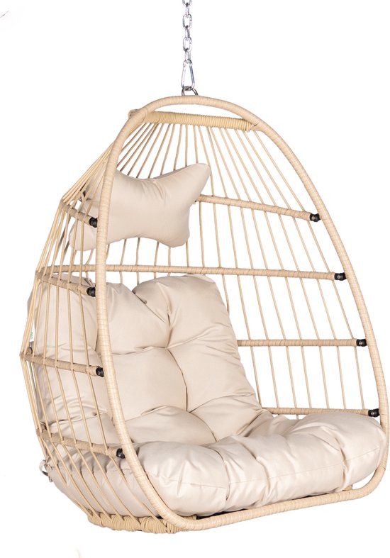 Basket Hangstoel Symphony - Creme Wicker - Creme Touw - Creme Kussen- Opvouwbaar - Voor Binnen en Buiten
