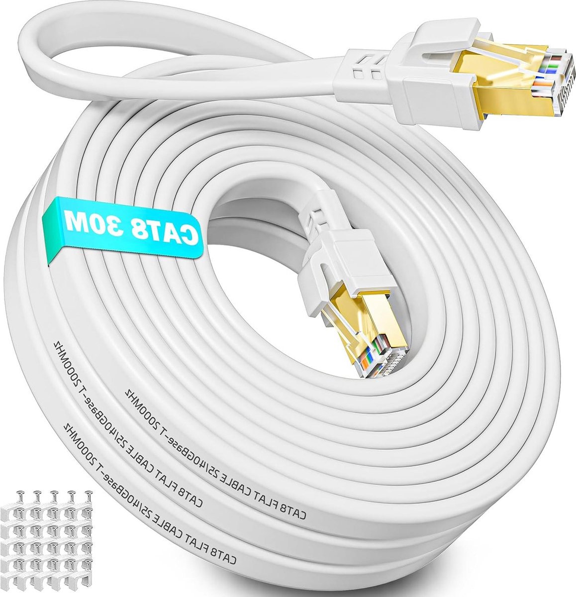 30m Cat 8 Ethernet Cable - Hoge Snelheid Afgeschermde LAN Kabel - 30 Meter, Wit